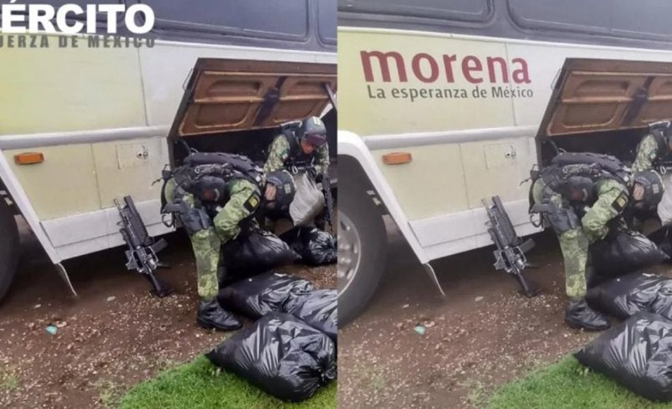 Exhiben a Sedena por borrar logo de Morena de autobús con 280 kg de cristal