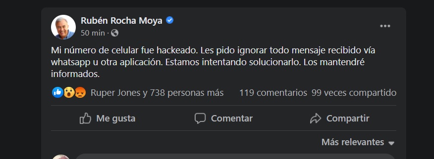 Hackean celular de Rubén Rocha Moya